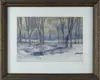 Robert C Woodberry, Winter Landscape, Watercolor winter scene shows a stream through woods