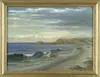 Joseph Owen Dummer, Maine Landscape, Oil on canvas scene shows a coastal beach with rocky end, sailboat off point