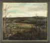 Philip Wass Brown, Bad Fish Valley” Dover-Foxcroft, Maine, Oil on canvas landscape scene shows a flat valley between low hills having several houses and field