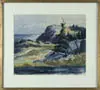 Alfred Fuller, Monhegan Coastline, Watercolor scene shows rock and grass/tree coastline with water beyond