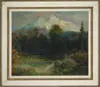 William A. Knapp, Western Mountain Scene, Oil on board scene shows a twin peak snow covered mountain in background with a stream, meadow and hillside trees