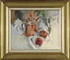 Betty Lou Schlemm, Still Life with Coffee Pot and Apples, Colorful oil on canvas scene shows two red apples and copper coffee pot on a white background