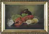 Unsigned, Lobster Dinner, Oil on board tabletop scene shows a red lobster on a white plate with lettuce and peeled lemon