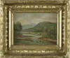 D.A. Fisher, Androscoggin River at Gorham, N.H, Oil on board scene shows a winding river below small hill with mountains in the background