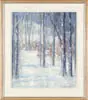Harry Spiers, Winter Woodland Road, Gouache on paper winter scene shows a snow covered road winding through trees and shrubs with hillside in background