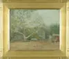 James D. Waring, Old Barn Yard Boonton, Nj, Oil on board impressionistic scene shows large sycamore tree in amongst barns and house. Soft pallet of blues and greens