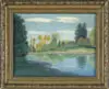 Autumn on the River, France 1914 by Percy Landford, Watercolor/pastel fall scene shows trees lining a river with grass and sand banks, sold Aug 2005