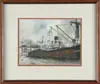 James Ross, Dock Side, Watercolor scene of large ship alongside dock with trains