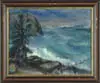 Nicholas J. Luisi, Monhegan Seascape, Oil on canvas scene shows stormy ocean against rocky coast with spruce tree