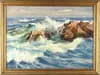 George Morris, High Tide, Oil on canvas scene shows water crashing over rocks