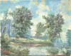 Stapleton Kearns, Summer Landscape, Oil on canvas scene shows river with grassy banks having three large trees under a blue and cloud strewn sky