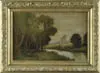 Wesley Webber, Landscape with River, Boat and Figure, Oil on canvas scene shows river landscape with man next to small boat. Tall trees line riverbanks