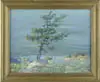 Tree on Ledge Overlook by Joseph B. Kahill, Oil on board Maine scene shows a lone tree on edge of rock topped cliff overlook, sold Aug 2005