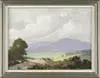 Robert Shaw Wesson, Landscape with Work Horses, Oil on board scene shows a man behind two work horses in a landscape with blue mountains, green valley and trees