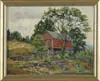 Bissell Phelps Smith, Lou Barnes’ Barn, Oil on board New England scene shows a red barn and barnyard under large green trees and hillside
