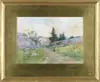 Eva M. Macomber, Woman on Path to House, Watercolor summer scene shows a woman walking towards house beyond large rock outcropping