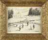B. Treat, Skating on the Pond, Watercolor highlighted with white shows a winter scene with six figures skating next to a church with trees