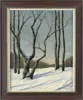 Helen Rundell, Winter Landscape, Oil on canvas scene shows several trees on a snow covered hillside. Shadows cast uphill and woods are seen in background