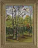 Helen Rundell, Trees, Oil on canvas scene shows colorful trees with grass and dirt floor