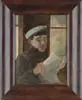 Horace Robbins Burdick, Reading the Newspaper, Oil on board scene shows a boy with gray cap and brown coat seated reading a newspaper in both hands