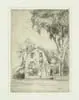 Ozias Dodge, Colonial Home, Etching on paper scene shows a house facing road with tall tree in front