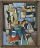 Geer van Velde, Modern Abstract, Oil on canvas scene depicts an abstract design with blue, red, green and black