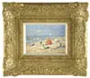 Nick van der Plas, Figures on a Beach, Oil on wood panel. Bright impressionist depiction of numerous figures at the beach