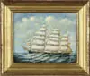 Unsigned, Portrait of a Clipper Ship, Oil on wood panel shows a three-mast clipper ship sailing right to left with two other sails on horizon