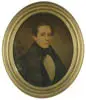 Unsigned, Portrait of a Gentleman, Oval oil on wood panel portrait shows a young man with black coat and white shirt with a light brown background
