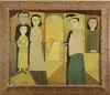 Joan Brotat, Novios” (Newlyweds)?, Oil on canvas modernistic scene shows newlyweds walking down isle in church with family looking on