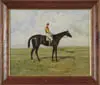 Unsigned, Portrait of a Black Race Horse, Oil on canvas scene shows a tall race horse with jockey atop stands in green meadow with English cottage in background