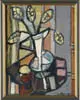 Claude Venard, Modern Still Life, Oil on canvas scene shows a white vase of flowers on stand next to a window