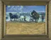 H C French, Hauling in the Boats, Oil on board beach scene shows two teams of horses with man at reins with a boat in large waves under a blue sky