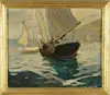 Eric Hudson, Schooner, Fine oil on canvas scene shows schooner and other sailboats along coast