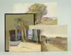 Arianna Kelley, Four Paintings, 1) 7” x 9-1/2” on board shows boat on beach next to buildings