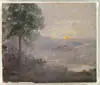Edward Henry Potthast, Western Sunset, Oil on canvas scene shows a bright sun a quarter of the way set with trees in the foreground and purple landscape
