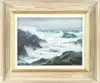 Paul Strisik, Bass Rocks, Oil on board scene shows crashing waves on coastal rocks, white spray, green ocean, blackish/blue rocks