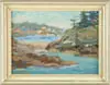 Carroll Thayer Berry, Pigeon Cove, Oil on masonite scene shows a Maine inlet looking at fishing shacks and moored boats. Nice bright colors