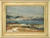 Carroll Thayer Berry, Rockport Coastline, Oil on masonite coastal winter scene shows tree lined hills separated by gray water