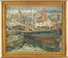 Geraldo F. Castro, Boston Harbor, Oil on canvas scene depicts a nest of fishing vessels at dock