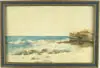 Maria A. Ney, Beach at La Jolla, California, Watercolor beach scene shows crashing wave on rock strewn beach with rock ledge on right side