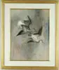 Arthur Davenport Fuller, Yellowlegs in Decent, Large watercolor shows two yellowlegs birds flying left to right appearing to come in for a landing. Mottled background