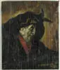 Waldo Peirce, The Old Witch Doctor, Oil on canvas unframed portrait of a old man in black and red costume with dragon decorated hat