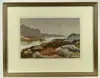 William J. Dow, Peggy’s Cove, Watercolor of a coastal Maine scene shows several small boats in a cove with several seagulls flying