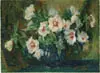 White Flowers in Blue Vase by Bertha S. Menzler Dressler Peyton, Oil on canvas still life shows large blue vase with white flowers with green leaves. Set on a green table top, sold Apr 2004