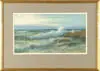 George Howell Gay, Rocky Coast, Sunset, Fine watercolor shows crashing waves on rocky outcropping with two sailboats on horizon, six seagulls and colorful sky