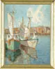 Jennette Bowman Irving, Gloucester Harbor, Oil on board scene shows two fishing boats moored side by side with wharfs and buildings behind
