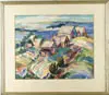 Edith Francis Marsden, Battery View, Large watercolor colorful scene shows several New England houses next to large body of water with islands