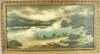 Coastal Seascape by Signed, Large oil on canvas evening scene shows crashing waves onto coastal rocks. Dark sky with light shining through, sold Apr 2004