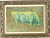 Robert J. Lee, Torro, Oil on canvas portrait of a colorful bull. Abstract colors show a standing bull with head toward viewer